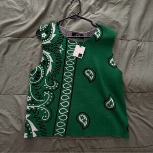 Lisa Le Strange Adult L Green Gray Paisley Sweater Vest SleevelessWool Cashmere